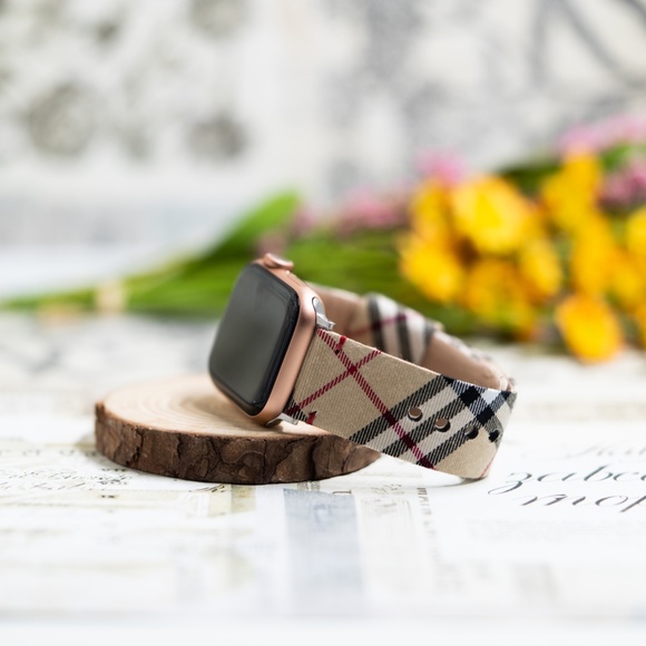 Plaid Checker Apple Watch Band, Leather Band Strap Beige 38/40/41/42/44/45 mm SE - Picture 3 of 9